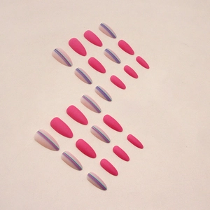 Faux ongles amande rose mat avec rayures colorées, ensemble de 24 pièces