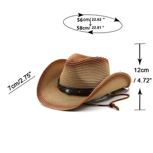 Dettaglio del cappello da cowboy in paglia intrecciata con fascia turchese e misure