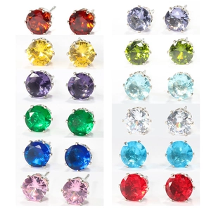 Set of 12 pairs of titanium steel stud earrings with colorful cubic zirconia in six-claw settings