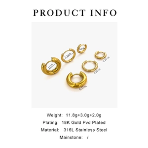 Detailed specs of three pairs of 18K gold plated stainless steel hoop earrings
