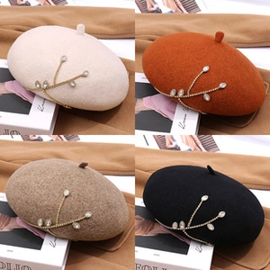 Multi-color sequin beret collection featuring rhinestone branch details in four soft tones