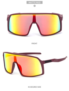 Front and 45-degree side views of matte red cycling sunglasses with colorful lenses