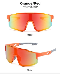 Front and side views of orange sports sunglasses with red mercury lenses and large frame