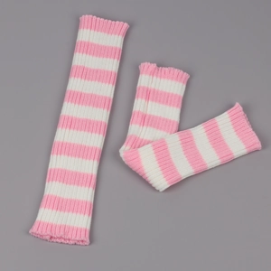 Detailed knit texture of pink and white striped leg warmers with ribbed cuffs for women