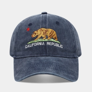 Navy blue washed cotton baseball cap featuring California Republic grizzly bear embroidery