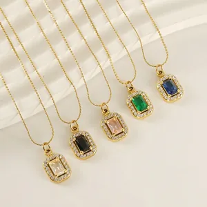 Collier Pendentif Pierre Précieuse Rectangle Acier Inoxydable Plqué Or 18K Zircon Taille Émeraude Bijoux De Luxe Rétro Pour Femmes