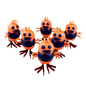 Group of six wind-up monster bug toys in orange and blue with mechanical clockwork feet