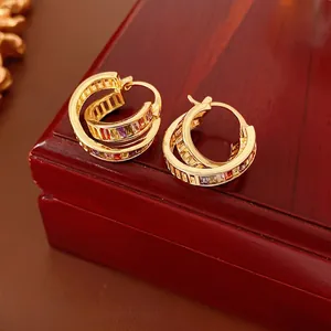 Vintage Double Hoop Earrings Multicolored Zircon Copper Gold Plated Luxury Geometric Jewelry For Women Steel Earring Post