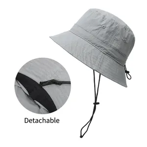 Grey women's bucket hat with adjustable detachable windproof rope and breathable holes