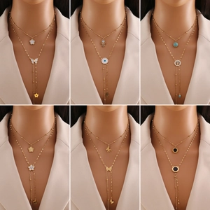 Double Layer Stainless Steel Necklace Butterfly Flower Evil Eye Hamsa Hand Tree Of Life Pendant Trendy Jewelry For Women
