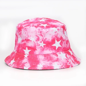 Detail of pink tie-dye bucket hat with white stars and neat stitching on the brim