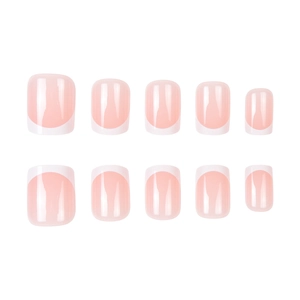 Classic short square French tip press-on nails in nude pink and white gloss finish