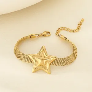 Stainless Steel Gold Mesh Band Bracelet With Five Pointed Star Charm Adjustable For Women Fashion Jewelry