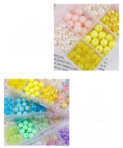 Detail of DIY jewelry making kit with various colorful beads in a clear plastic box
