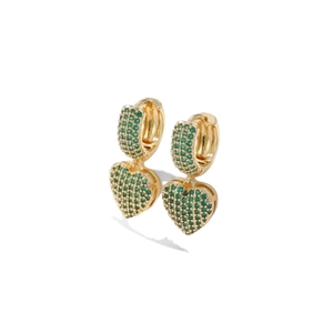 Elegant gold-tone heart drop earrings featuring micro-pave green zircon stones on white backdrop