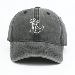 Vintage washed grey baseball cap with white cartoon puppy embroidery for men and women
