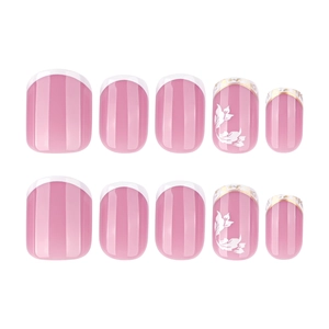 Short square press-on nails with white flower patterns and elegant French tip design