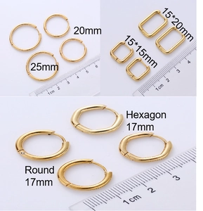 Minimalist gold geometric hoop earrings set including round, square and hexagon shapes
