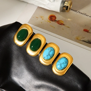 Boucles d'oreilles vintage en acier inoxydable doré 18k avec aventurine verte et turquoise
