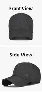 Front and side views of a dark grey business baseball cap with a metal letter M logo