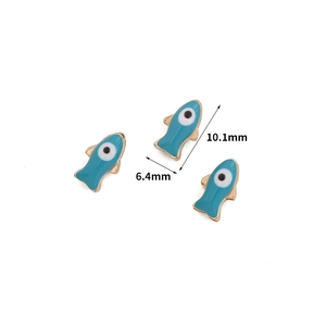 Blue enamel fish charms with gold edges, 10.1mm length and 6.4mm width dimension view