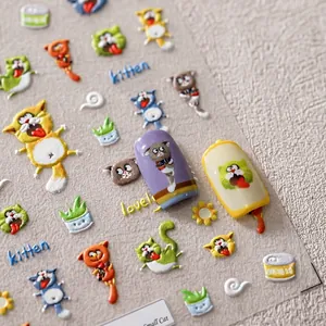 3D embossed nail art stickers featuring cute cartoon kittens and cat paw patterns