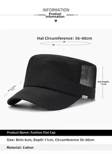 Flat top hat detail showing 6cm brim, 11cm depth, and breathable mesh side panels