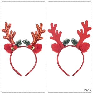 Detail view of red sequin reindeer antlers headband with bells and berries from both sides