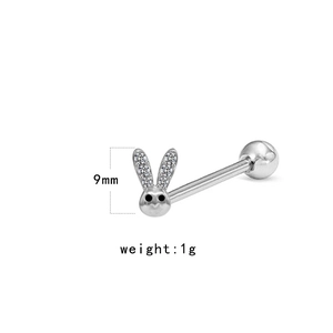 Vue détaillée du piercing de langue lapin argenté avec strass de 9mm et 1g