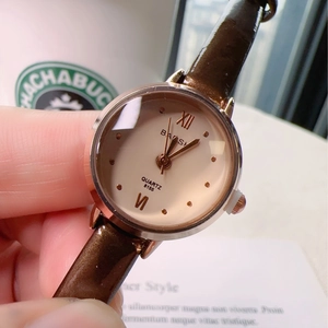 Luxury small dial quartz watch for women with golden case and brown leather strap