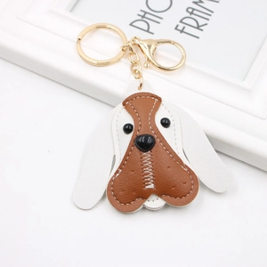 Handmade brown and white PU leather Basset Hound dog keychain with gold lobster clasp
