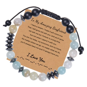 Morse code beaded bracelet with amazonite stones and romantic gift card for mom