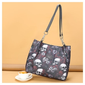 Fashionable Oxford fabric shoulder bag with skull floral print and chain strap detail