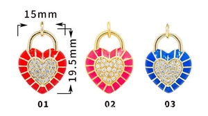 Three 18K gold-plated heart lock charms with colorful enamel and inset crystals, 15x19.5mm