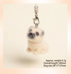 Detail of cute flocked pug puppy charm with silver metal clasp and size specifications