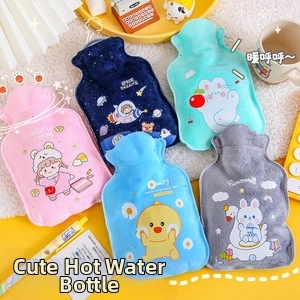 Plush hot water bottles with cute astronaut and animal covers in multiple colors