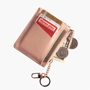 Pink faux leather mini wallet with card slots, zipper coin pocket and metal key ring