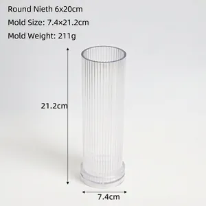Detailed view of round fine ribbed cylinder candle mold with dimensions 7.4x21.2cm