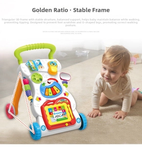 Detail view of baby walker with detachable music panel, drawing board and stable wheels