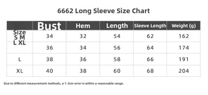 Size chart for women high elastic yoga long sleeve top showing measurements for S to XL sizes