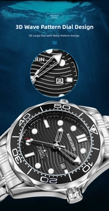 Detail of dive watch dial featuring 3D wave texture, date display and quartz movement