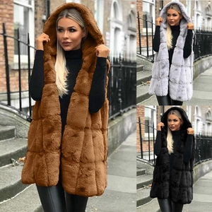 Gilet Femme À Capuche En Fausse Fourrure Sans Manches Longueur Moyenne Veste D'Hiver Chaude Décontractée Urbaine En Peluche Douce