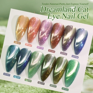Set of 12 shimmering cat eye nail polishes in vibrant colors with magnetic effect