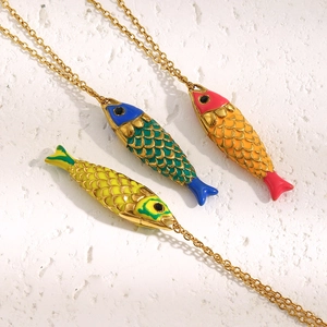Enamel Fish Pendant Necklace 18K Gold Plated Stainless Steel Animal Jewelry Lightweight Trendy For Women Elegant Accessory