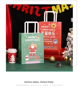 Detail of red and green Christmas paper gift bags with Santa and snowman patterns