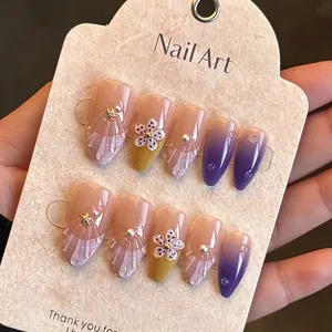 Almond Shape Press On Nails Purple Gradient French Style With 3D Flower Relief And Faux Artificial Pearl Shell Texture For Women