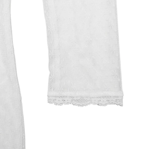 Detailed close-up of white lace fabric showing intricate mesh patterns and floral embroidery