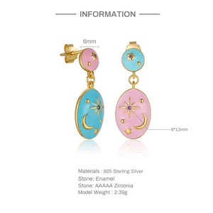 Detailed specs of asymmetric S925 silver enamel star moon earrings with AAAAA zircon