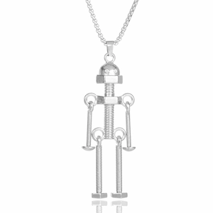 Retro hip-hop silver nut and bolt robot pendant necklace with long chain on white background
