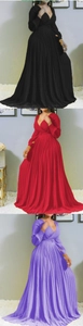 Detailed comparison of deep V-neck pleated maxi dresses in black, red, and purple colors